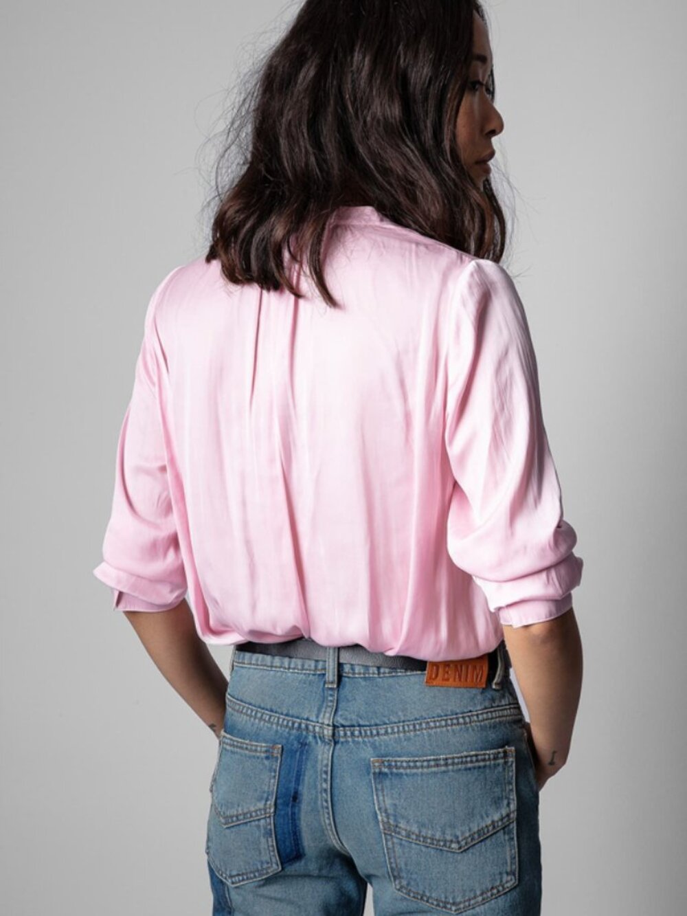 NWT Zadig & Voltaire TINK Light Pink Slit V-Neck Shirred Satin Tunic Blouse - Picture 5 of 7